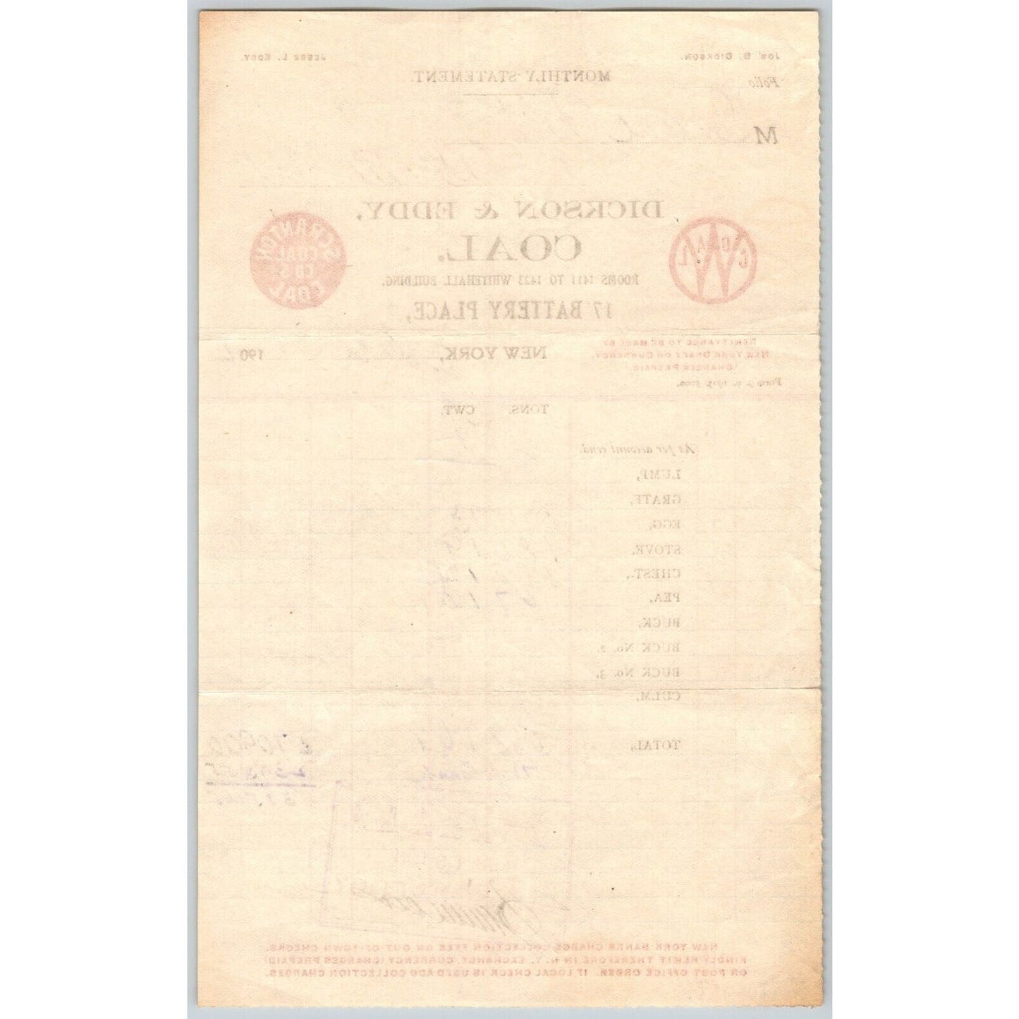 Dickson & Eddy Coal 17 Battery Place, NYC to: Isaac Post Jan. 1904 Billhead