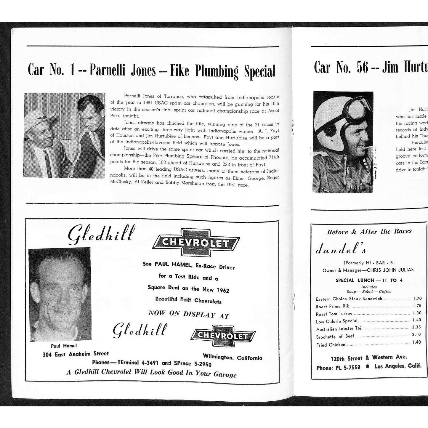 Scarce Nov 11 1961 USAC Championship Sprint Car Races Auto Racing Program Ascot