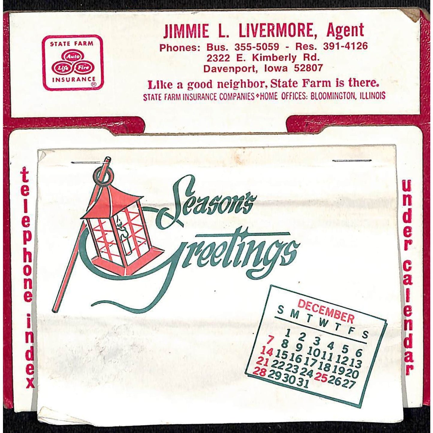 1987 Desk Calendar Jimmie L. Livermore Davenport, IA State Farm Insurance