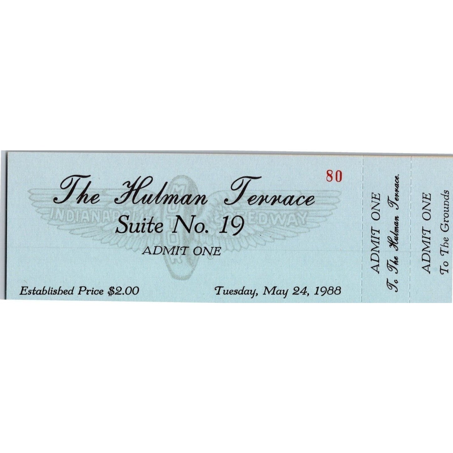 1988 Indy 500 The Hulman Terrace Unused Tuesday Ticket Indianapolis IMS #80