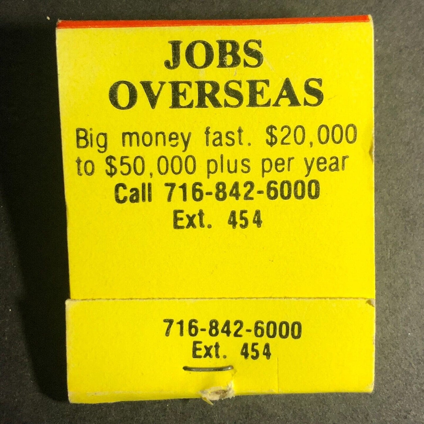 "Jobs Overseas - Big Money Fast" Work Offer Full Matchbook c1973-80