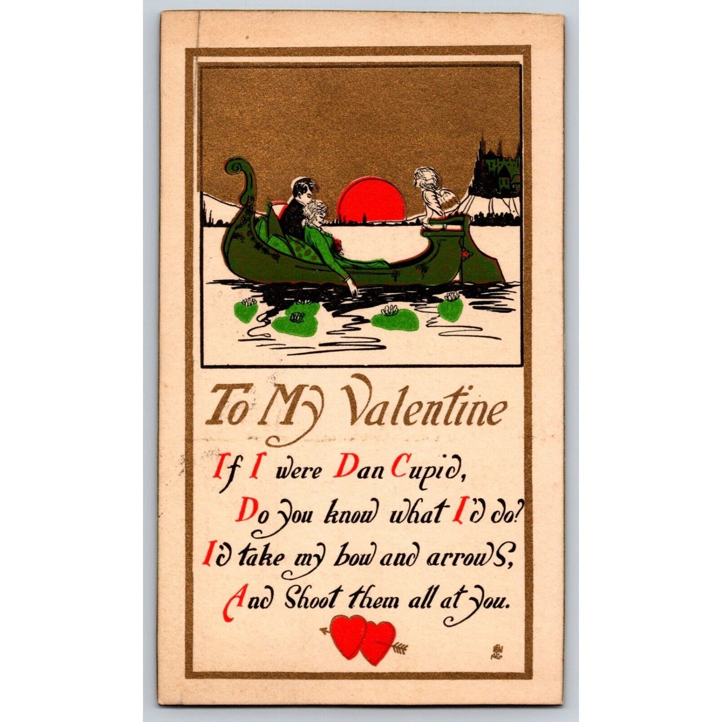 Valentine's Day Postcard "If I were Dan Cupid.." Sunset Boat Gilt PM c1921 VGC