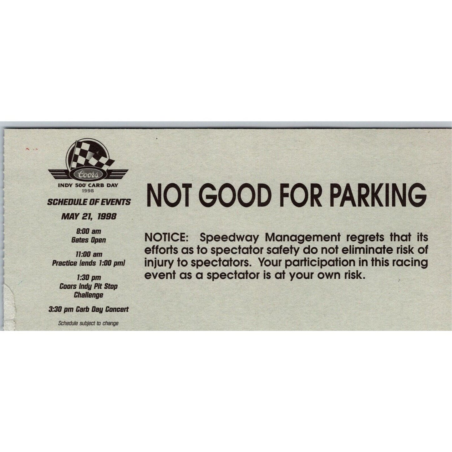1998 Indy 500 Carb Day Tower Suites Ticket Stub Indianapolis #69