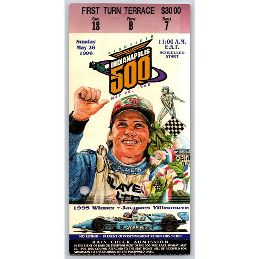 1996 Indianapolis 500 Ticket Stub Racing IMS Jacques Villeneuve - seat 7