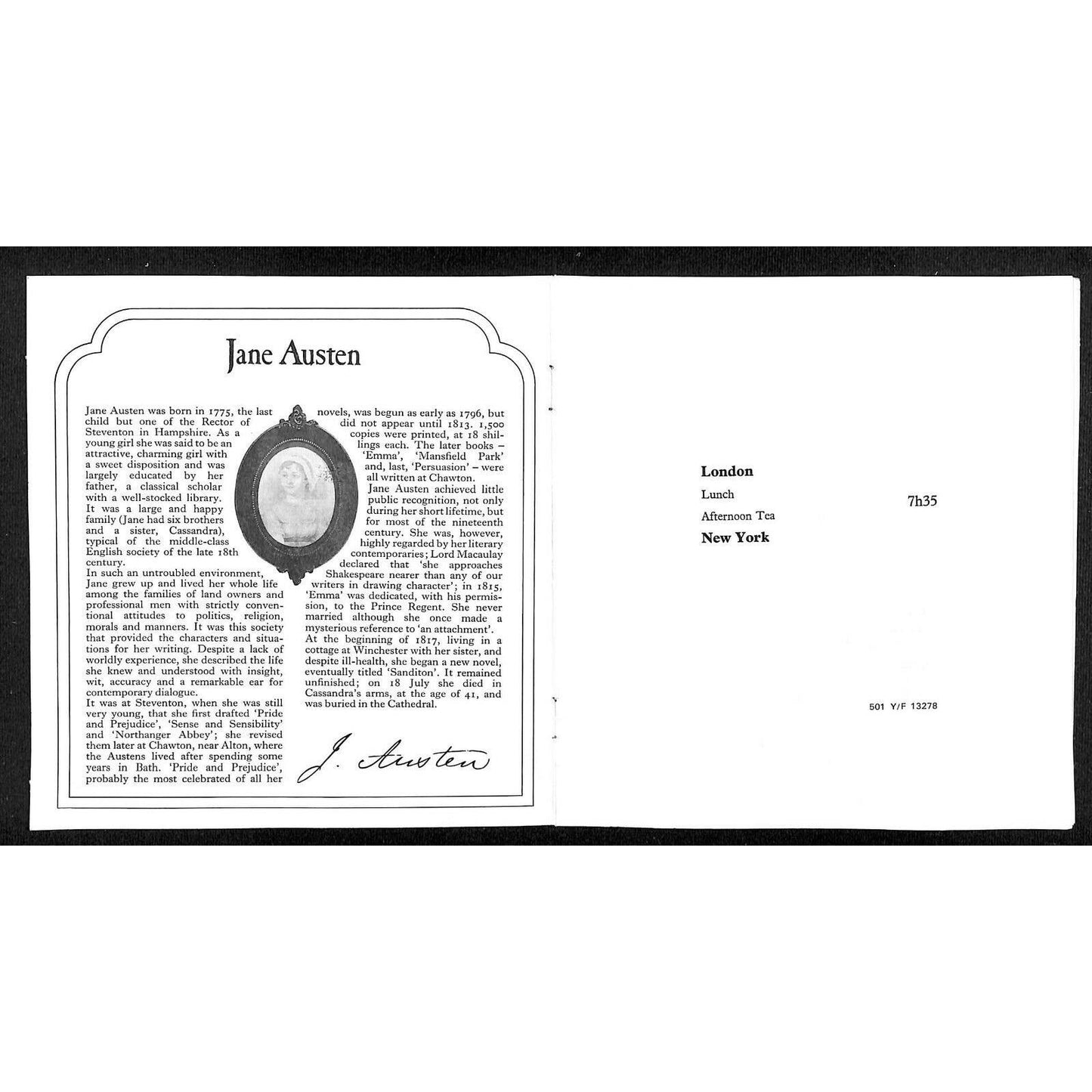 c1978 British Airways London-New York Bar Service / Lunch Menu w/ Jane Austin