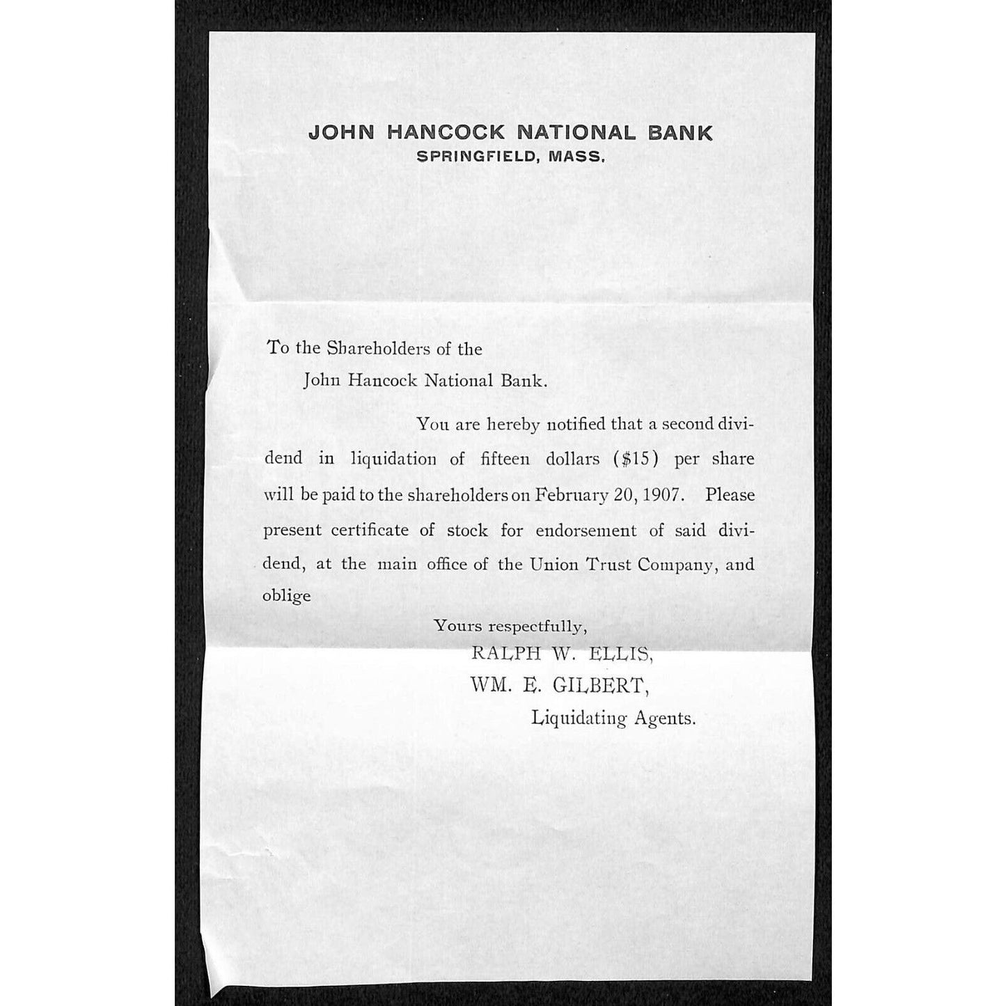 Springfield, MA 1907 John Hancock National Bank Dividend Notice Sheet