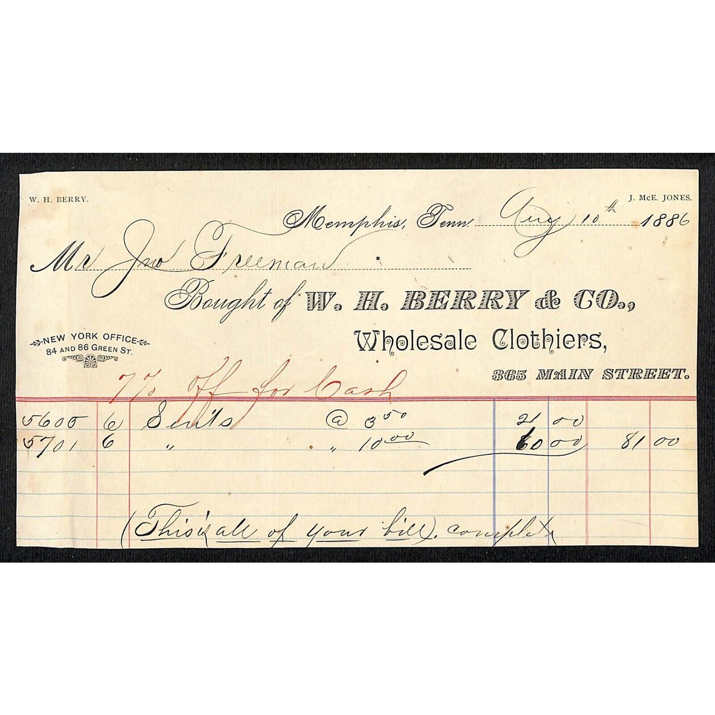 Memphis, TN W.H. Berry & Co. Wholesale Clothiers 1886 $81 Billhead Scarce