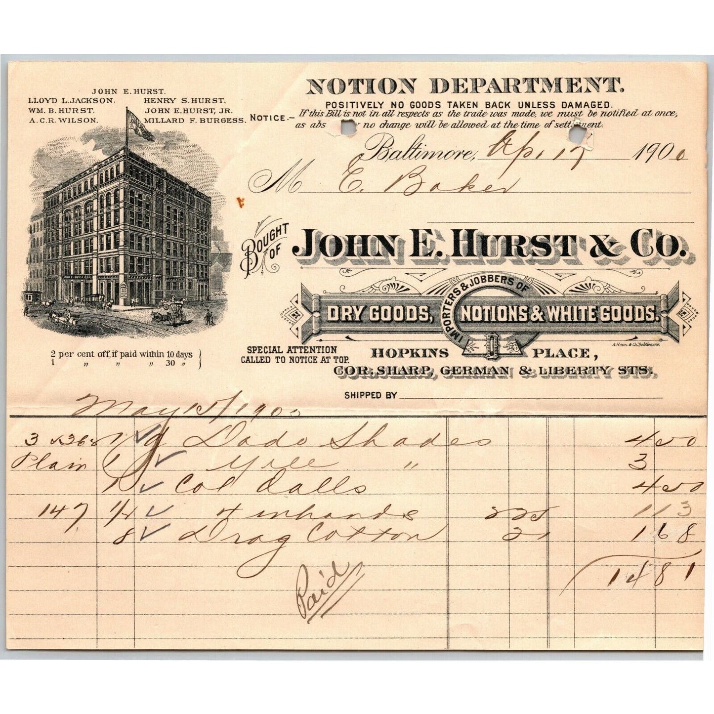 1900 $14.81 Letterhead Billhead John E. Hurst Notions Baltimore Ephraim Baker*