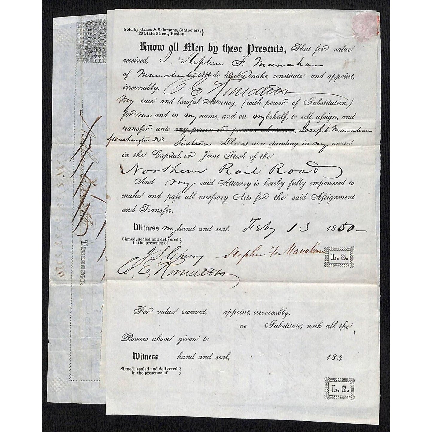 1850 Northern Railroad Stock Certificate w/ Power Attorney Doc. & ALS Transfer