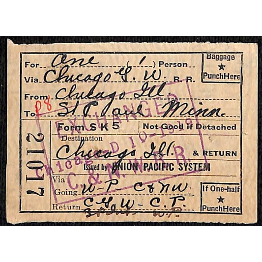 1919 Union Pacific System - Railroad Ticket C&NW RR / St. Paul Chicago #21017