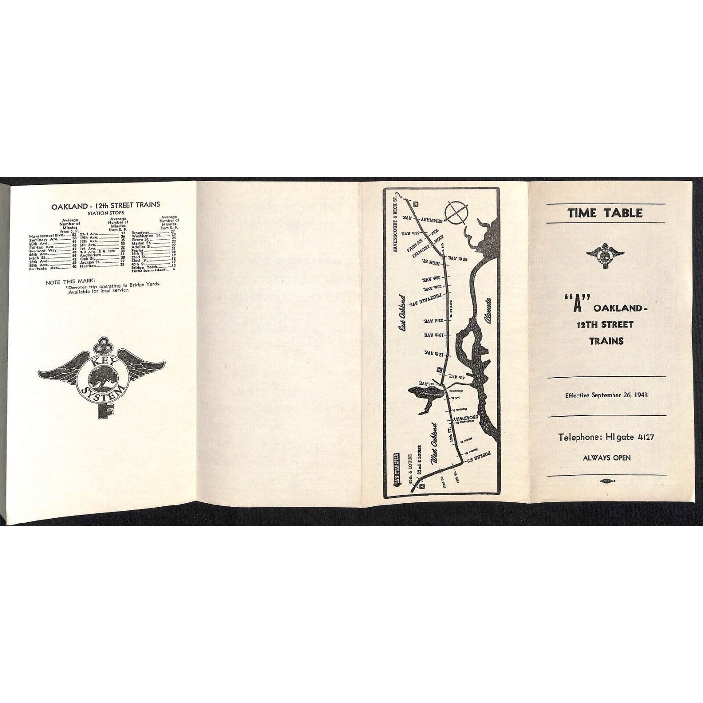 Key System "A" Oakland-12th Street Train Time Table 9/26 1943 Scarce