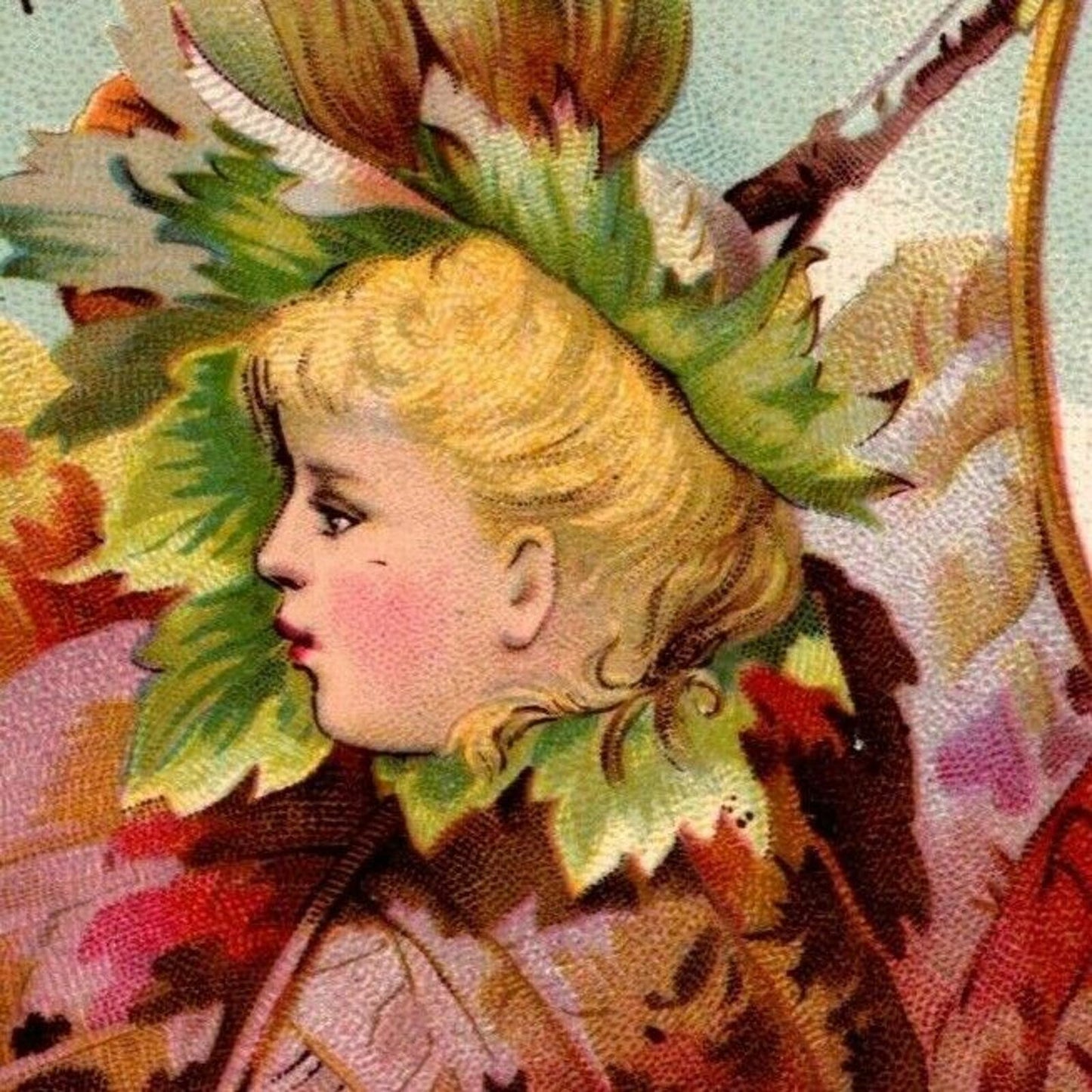 Victorian Trade Card J & P Coats Thread - Child's Head in Flower / Leaf