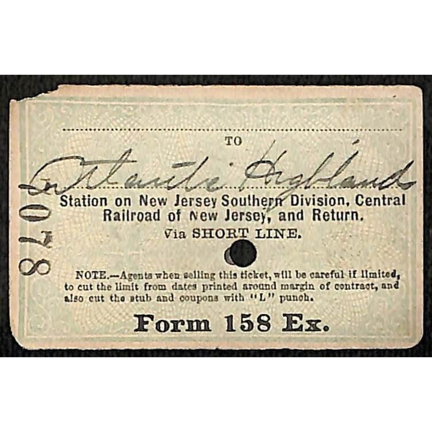 New York & Long Branch Railroad 1896 Ticket North Asbury Park AC Highlands #7078