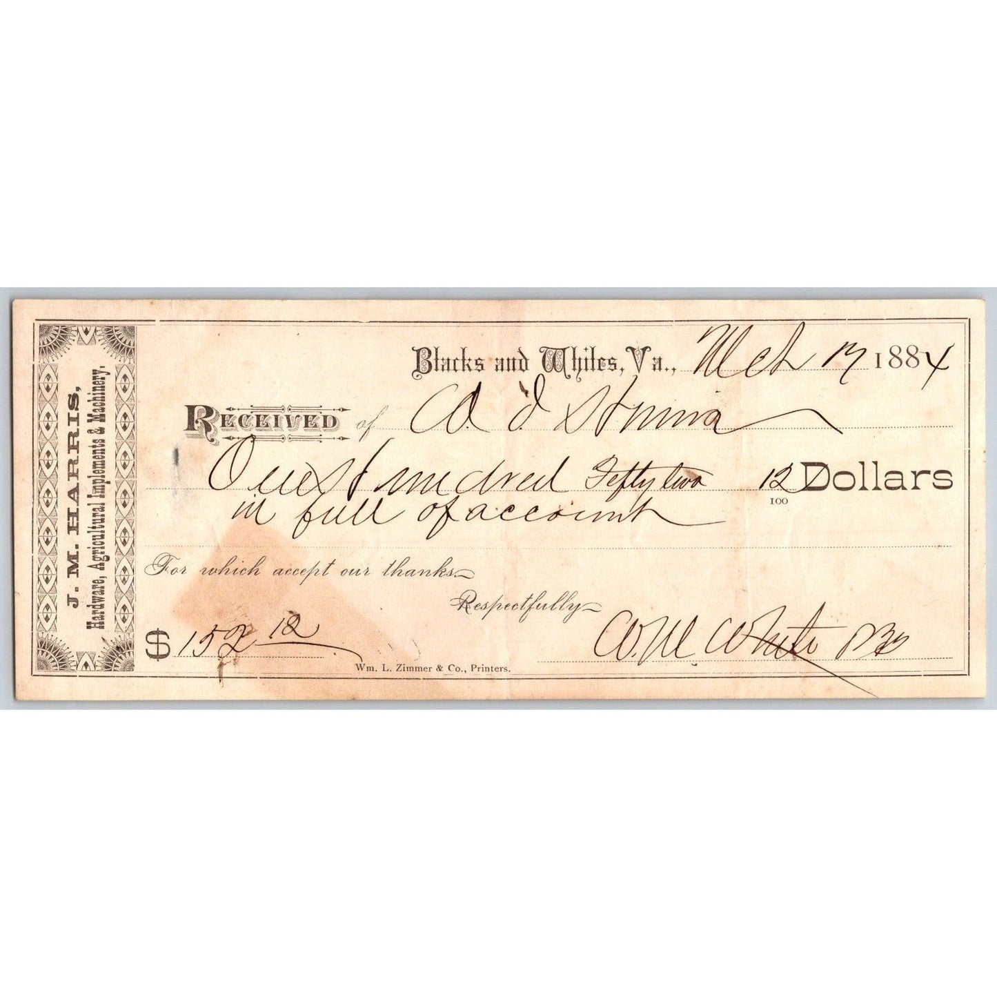 Blacks and Whites, VA (Blackstone) 1884 J.M Harris Bank Check - Very Scarce