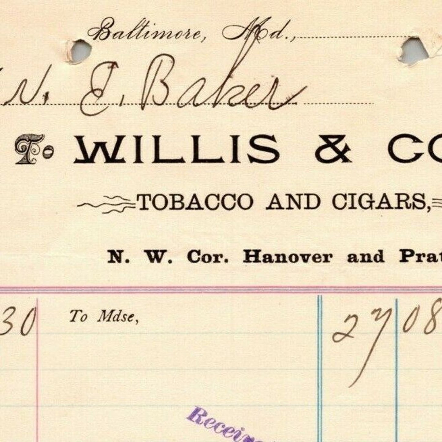 1898 Letterhead Billhead Willis & Co. Tobacco Cigars Baltimore Ephraim Baker*