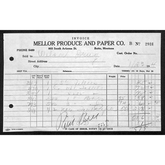 Mellor Produce & Paper Butte Montana 1933 Billhead Letterhead - Wilson Drug