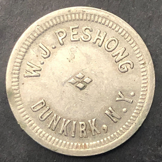 Dunkirk, NY W.J. Peshong (William - d. 1974) G/F 5¢ Trade Token WM 21mm Scarce