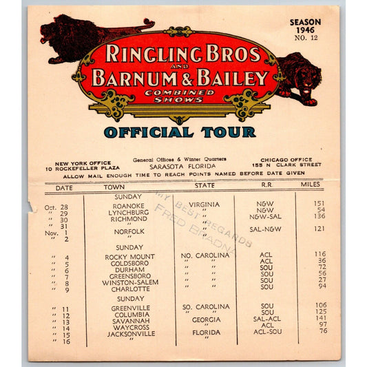 1946 Ringling Bros Barnum Bailey Circus Route Card Roanoke Richmond Norfolk
