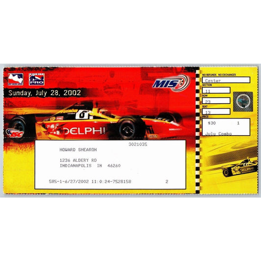 2002 Michigan International Speedway Indy 400 Ticket Stub - Seat 13