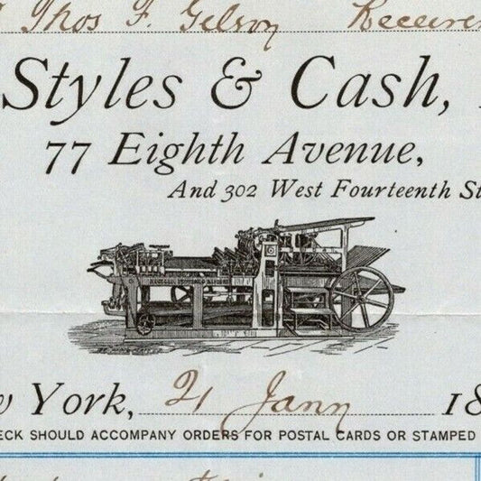 1888 Styles & Cash Book Printers Stationers Billhead Letterhead 77 8th Ave NYC