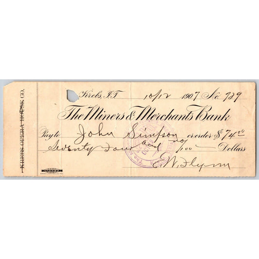 Krebs, OK Oct. 1907 Indian Territory "Miners & Merchants Bank" Check Scarce
