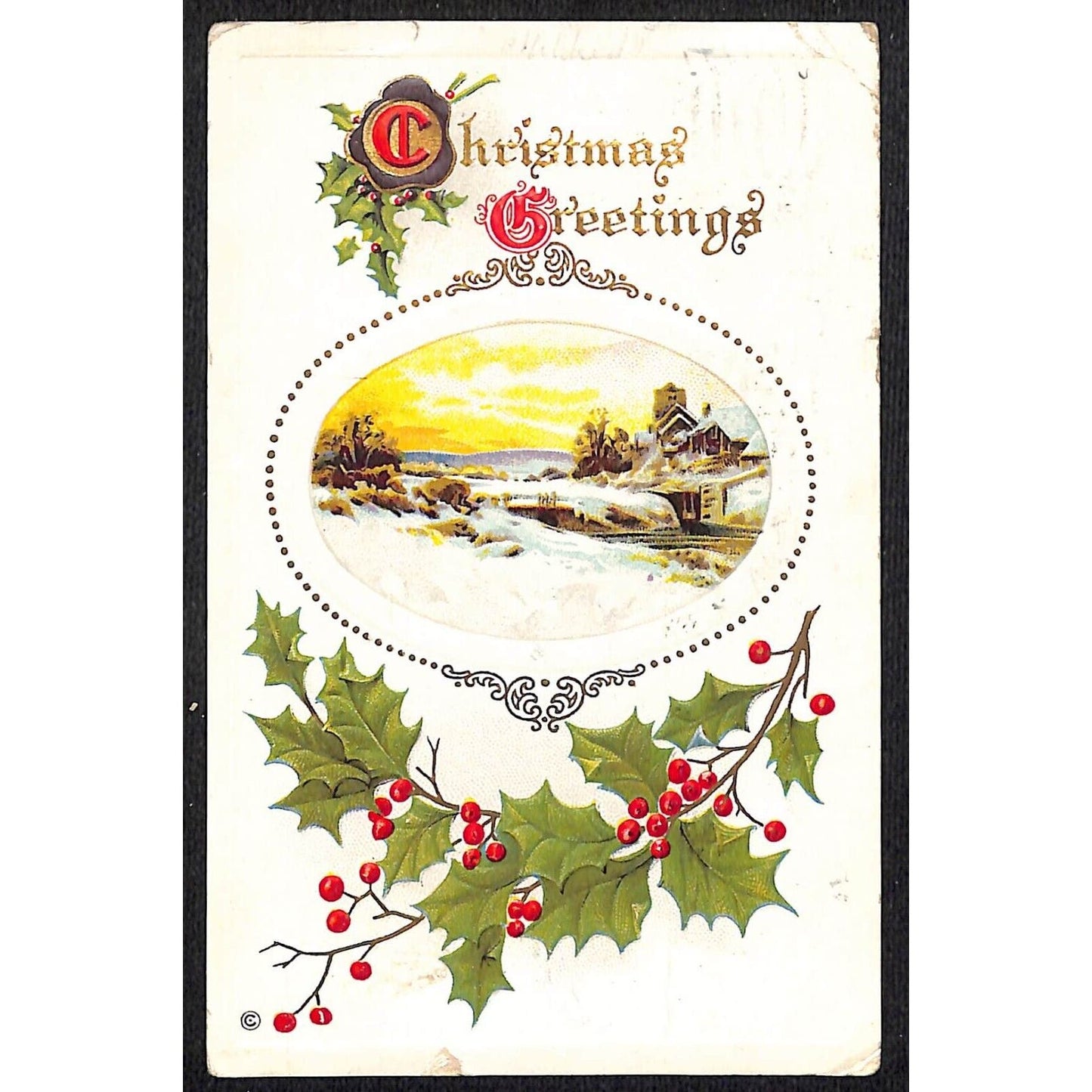 Christmas Postcard "Greetings" Winter Home Scene Holly Embossed 1914 PM