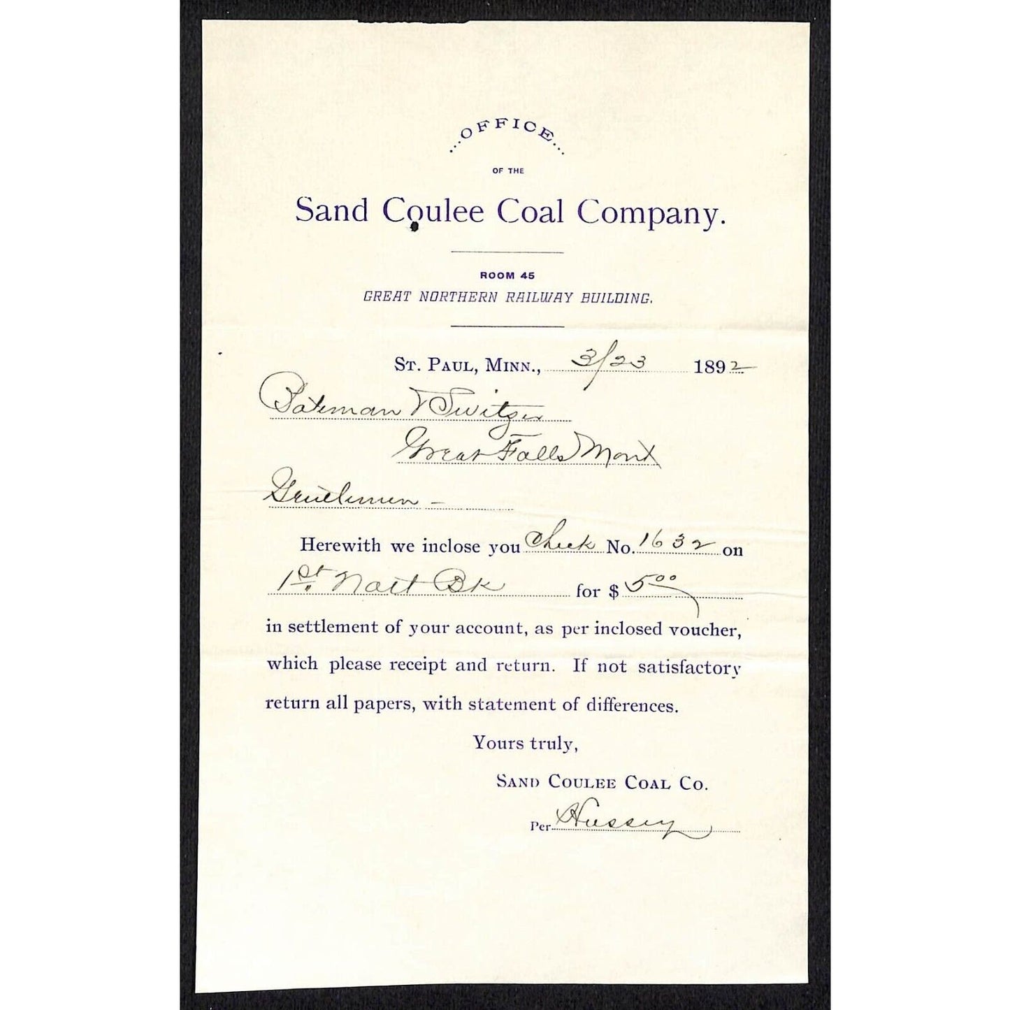 St. Paul, MN Sand Coulee Coal Company 1892 Bateman Switzer Statement Note Scarce
