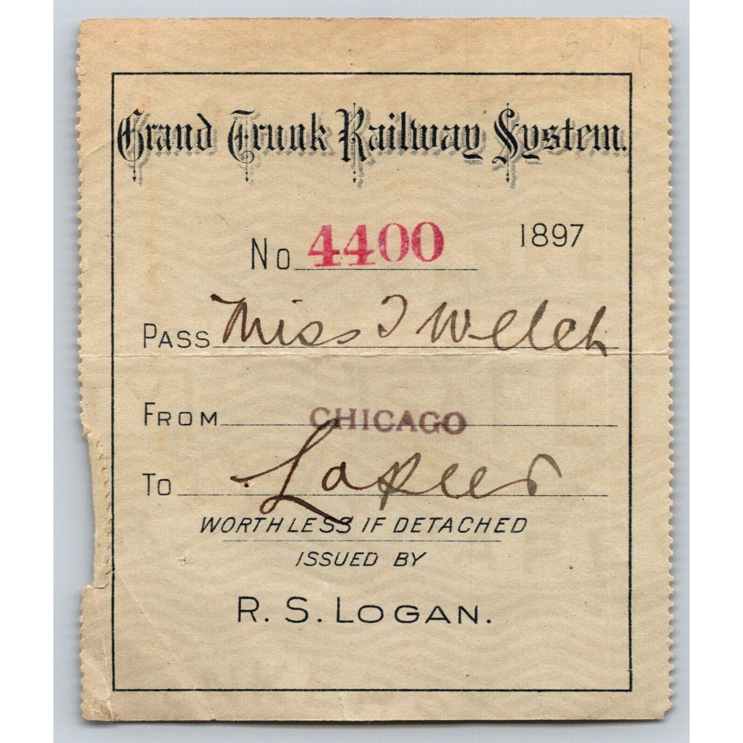 Grand Trunk Railway System 1897 Ticket from Chicago to Lapeer, MI #4400 Scarce