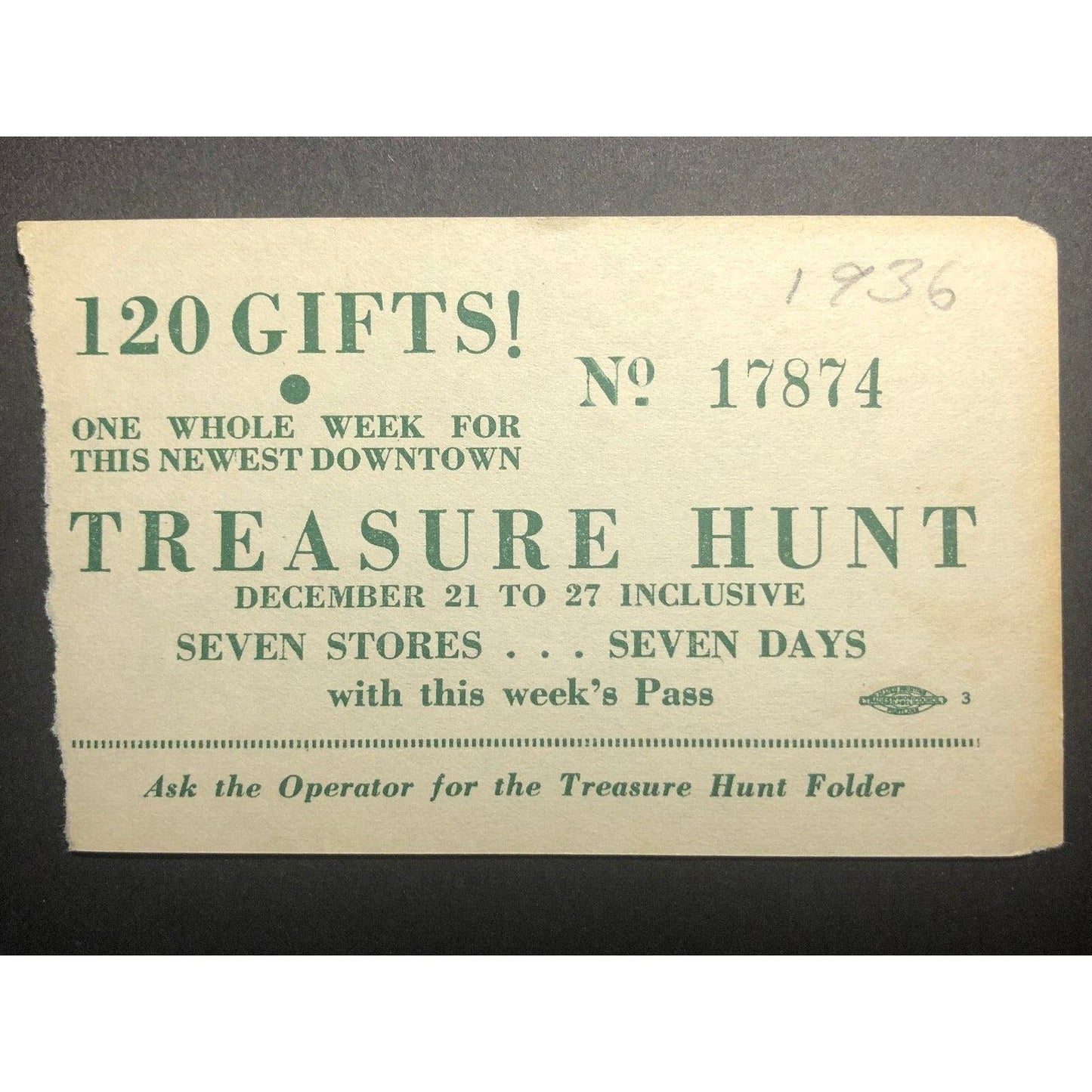 c1936 (Peninsula-St. John Area Street Car Pass) Treasure Hunt - Hand Out