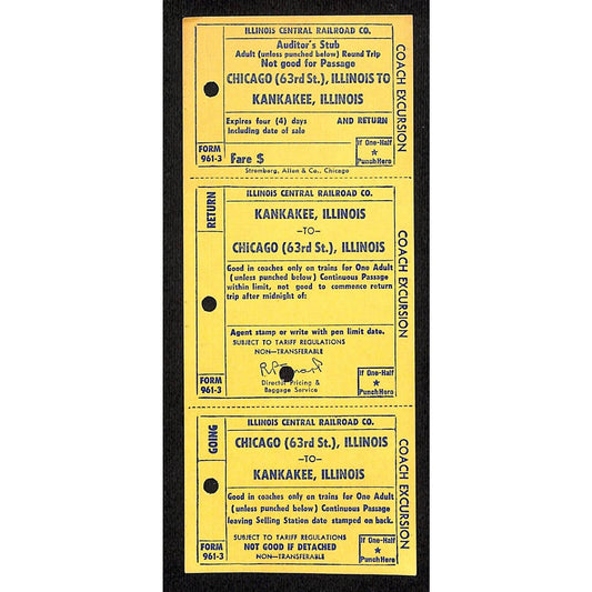 Illinois Central Railroad Unnumbered SAMPLE Ticket 63rd St to Kankakee