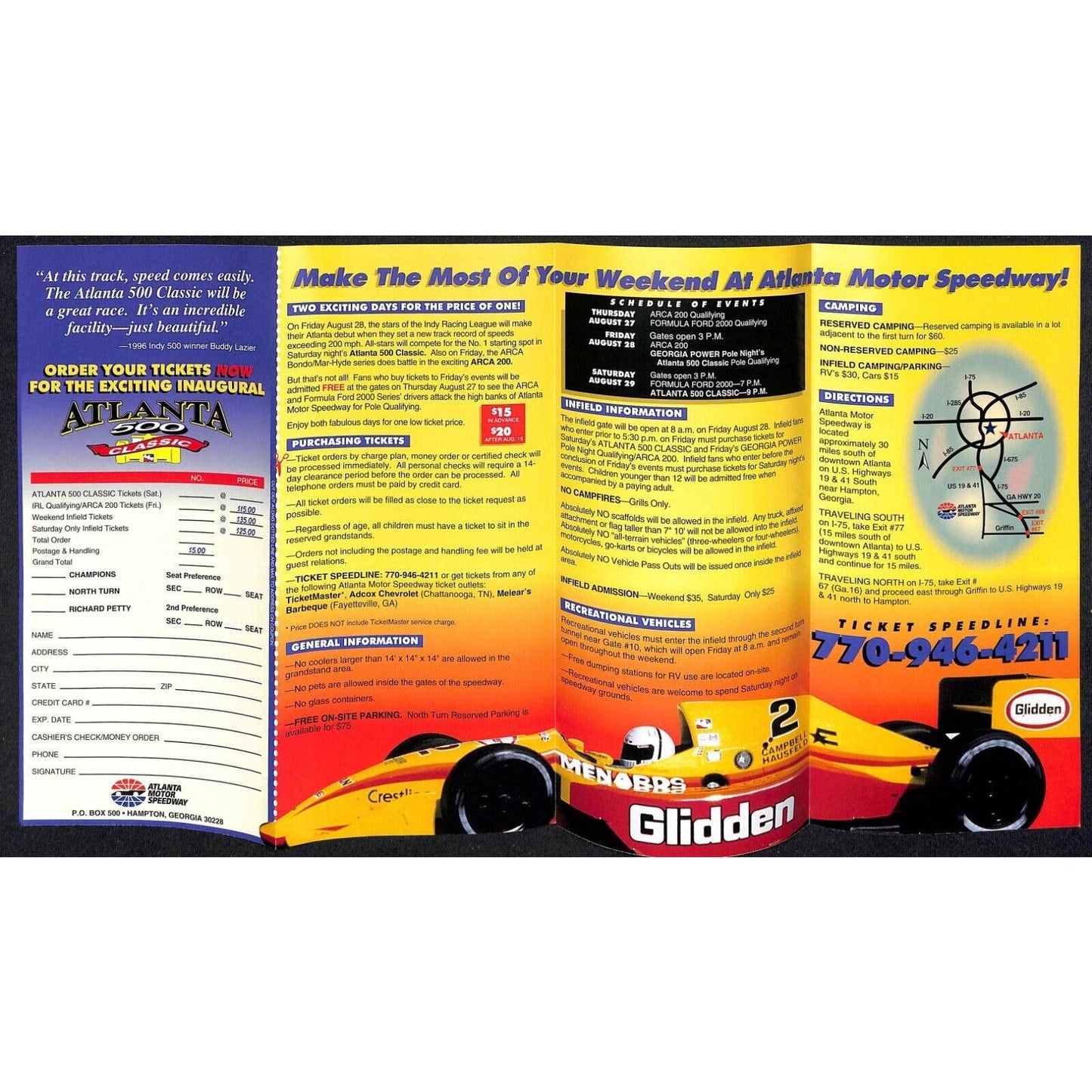 1998 Atlanta 500 Classic Indy Racing - Atlanta Motor Speedway Brochure - VGC