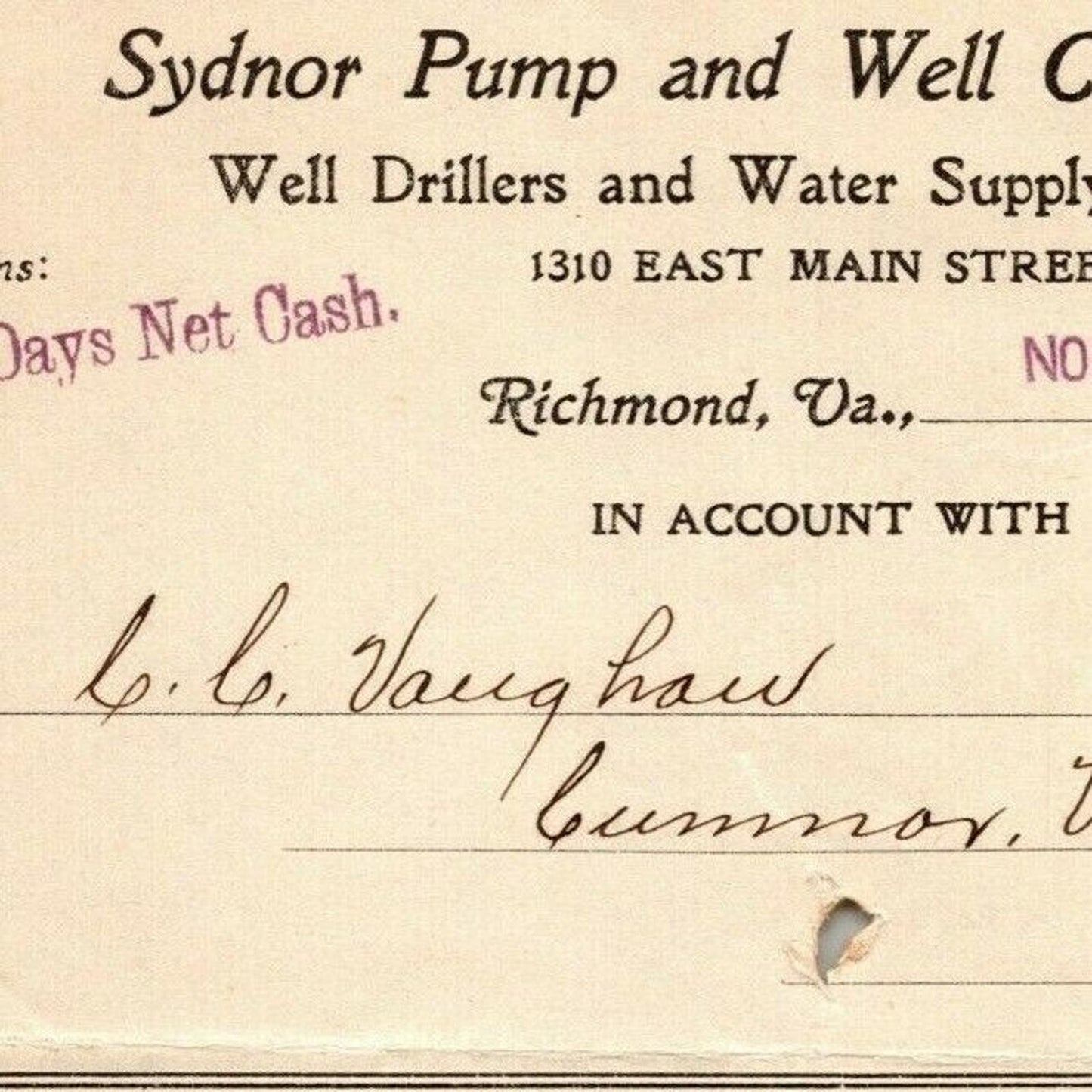 1915 Scarce Sydnor Pump and Well Company Billhead Letterhead Richmond, VA