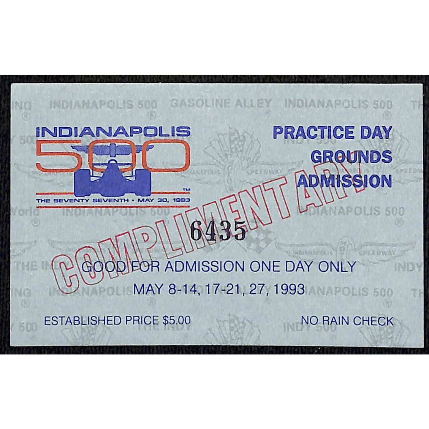 1993 Indy 500 Practice Day Admission Comp Ticket Pass Card IMS #6435