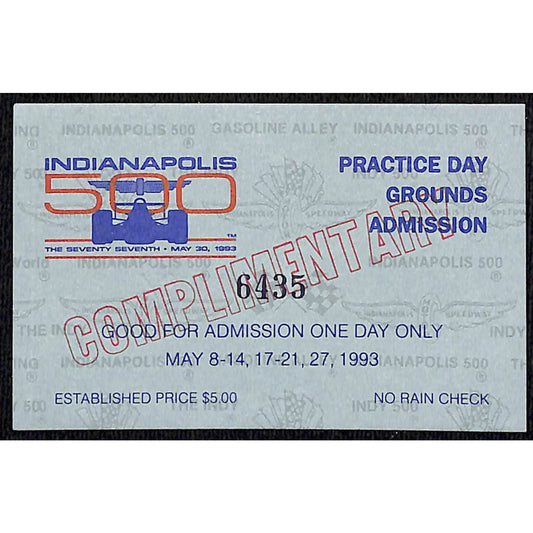 1993 Indy 500 Practice Day Admission Comp Ticket Pass Card IMS #6435