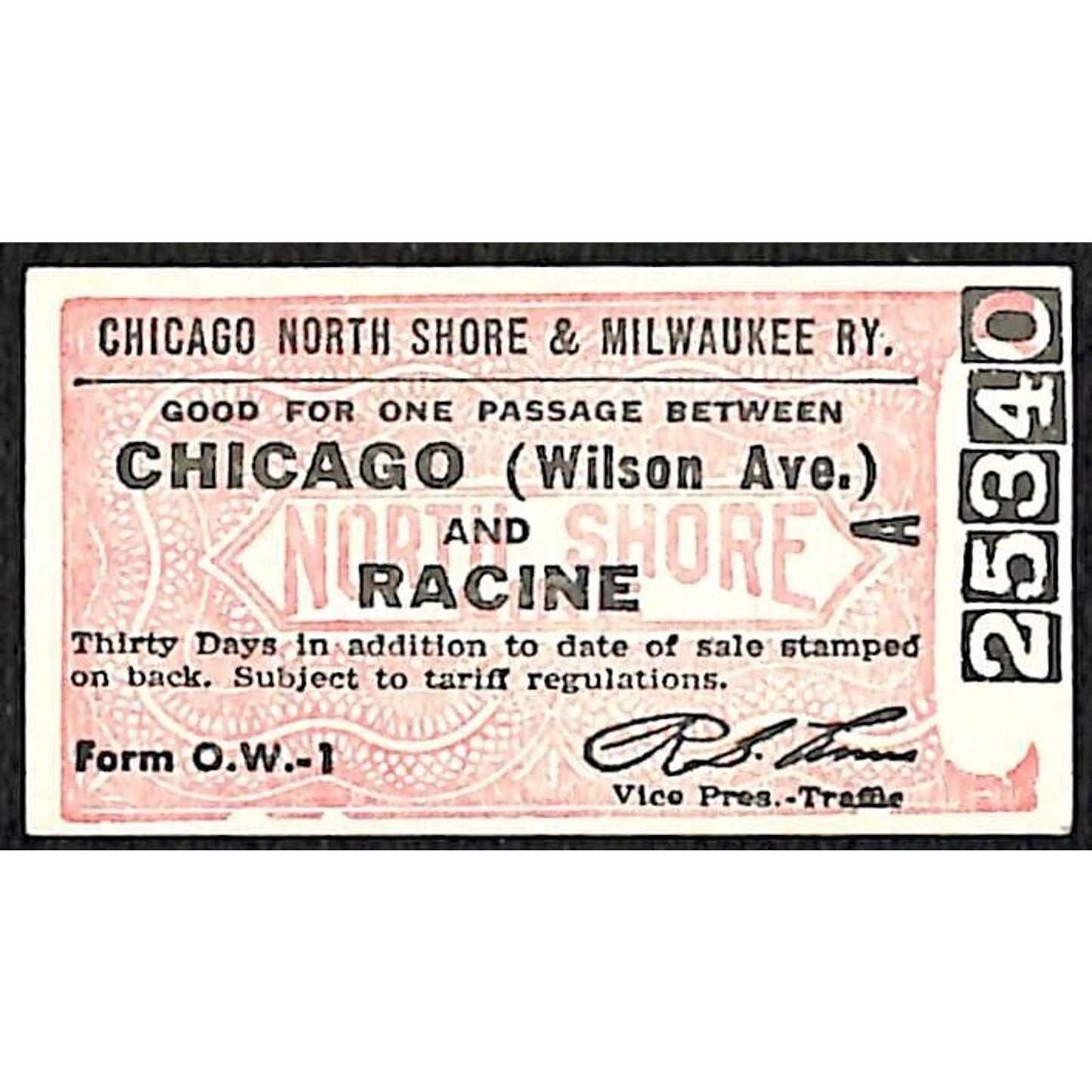 Chicago North Shore & Milwaukee RY c1953-60's Ticket Racine #25340