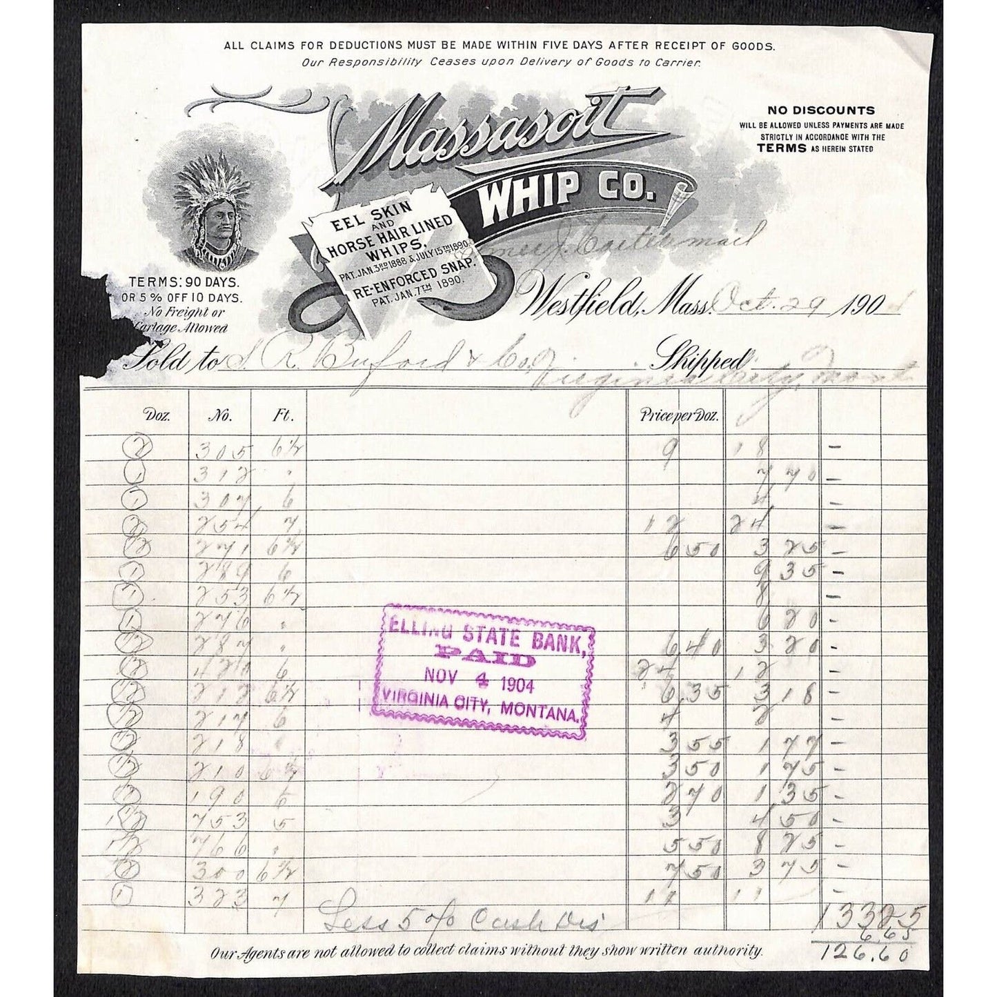 Westfield, MA Massasoit Whip Co. 1904 Letterhead w/ Indian Chief Scarce