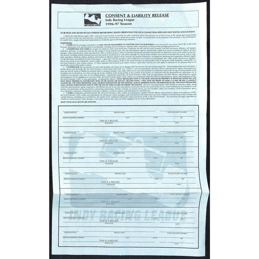 Indy Racing Team 1996-1997 Consent & Liability Release Form Sheet - Indy 500