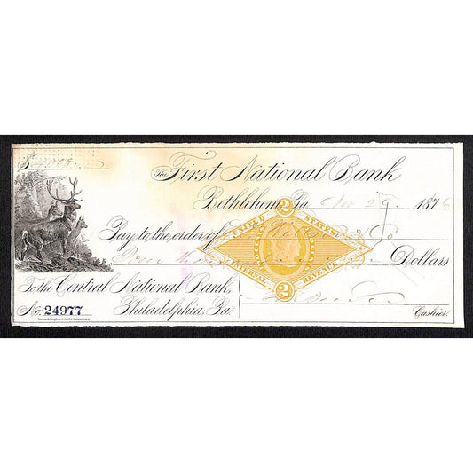 Bethlehem, PA 1876 First National Bank Check #24977 Vignette & Tax Stamp
