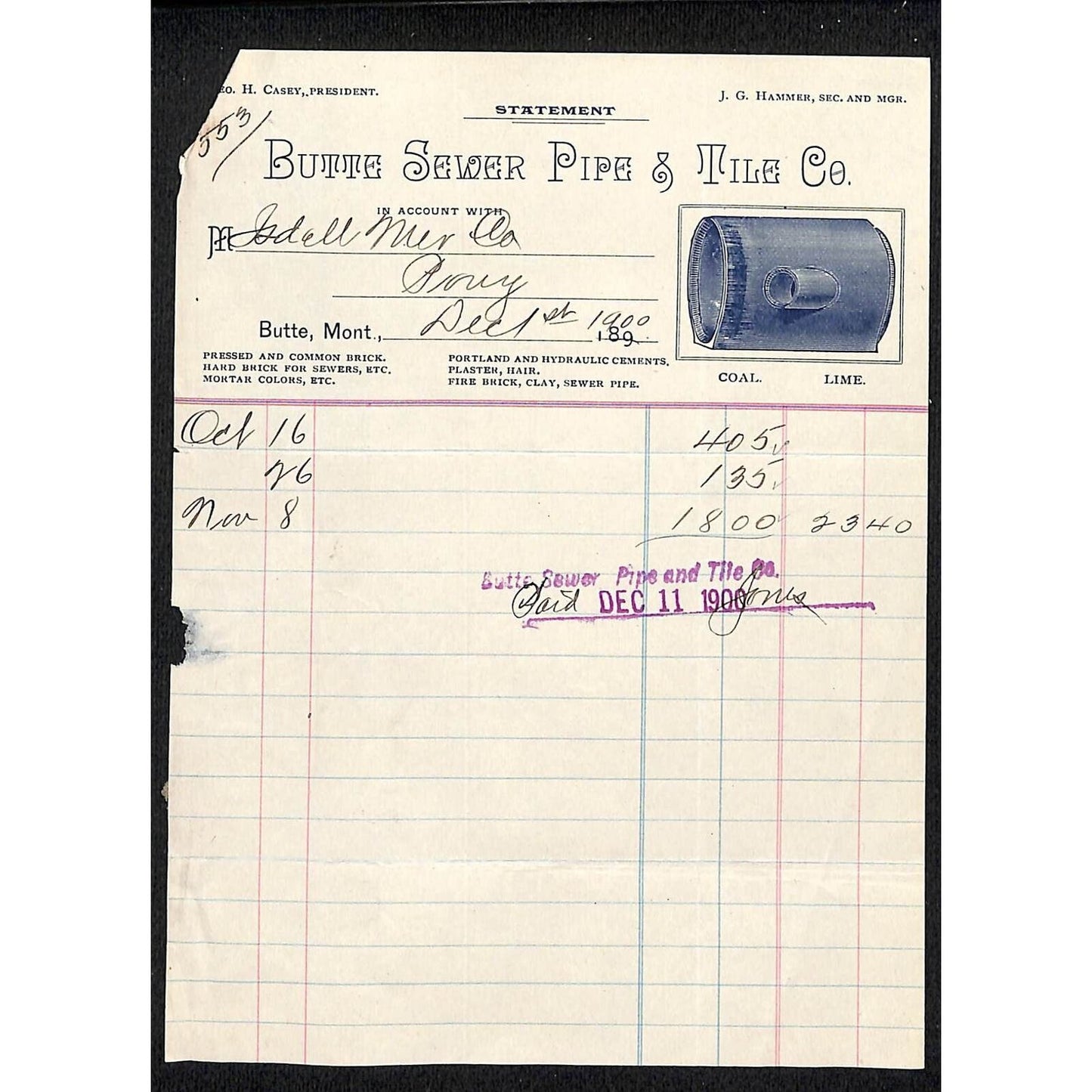 Butte, MT Butte Sewer Pipe & Tile Co. 1900 Billhead w/ Illustrated Vignette
