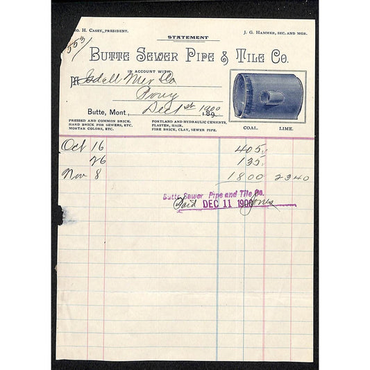 Butte, MT Butte Sewer Pipe & Tile Co. 1900 Billhead w/ Illustrated Vignette