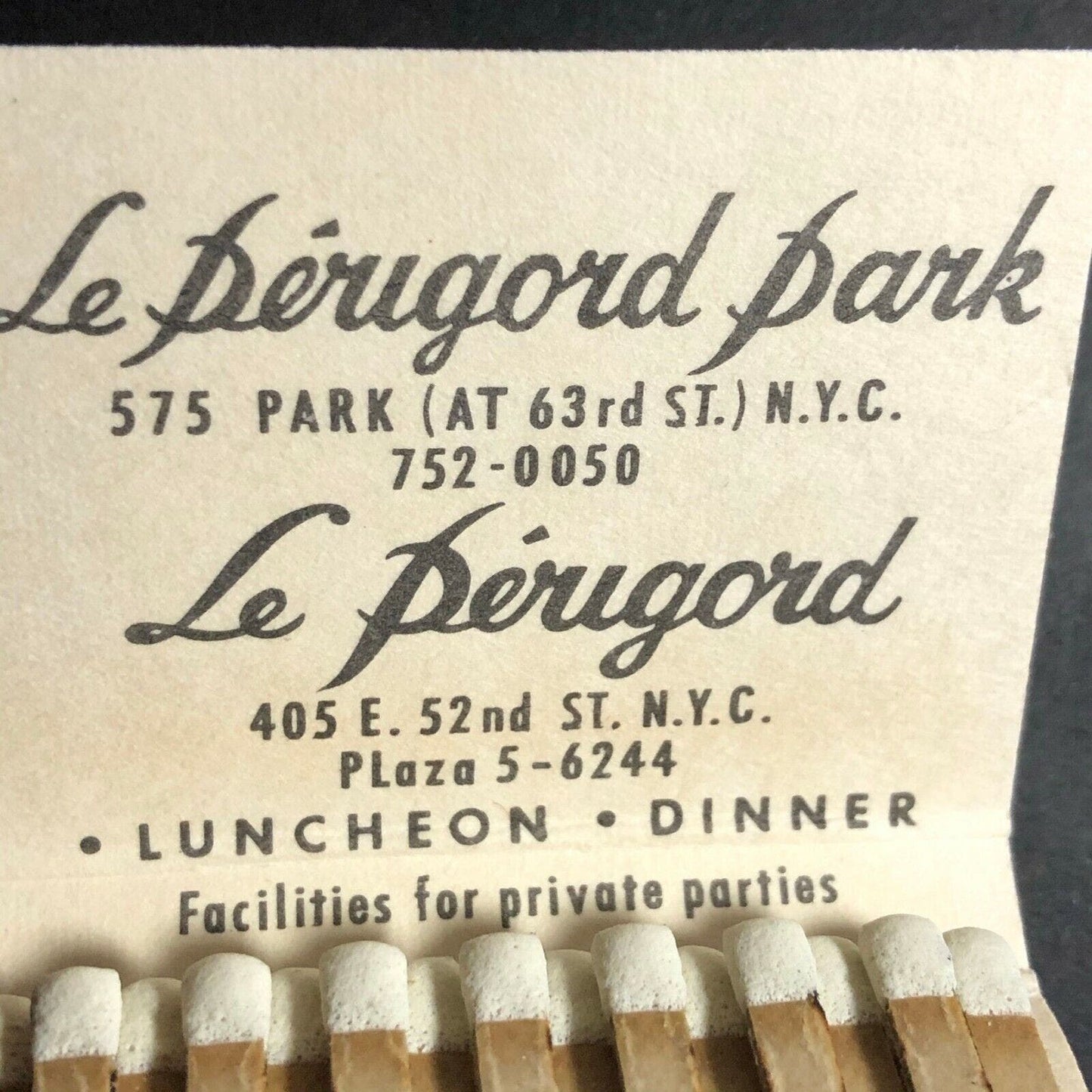 Scarce 1970's Full Matchbook Le Perigord Park Restaurant - Park & 63rd NYC