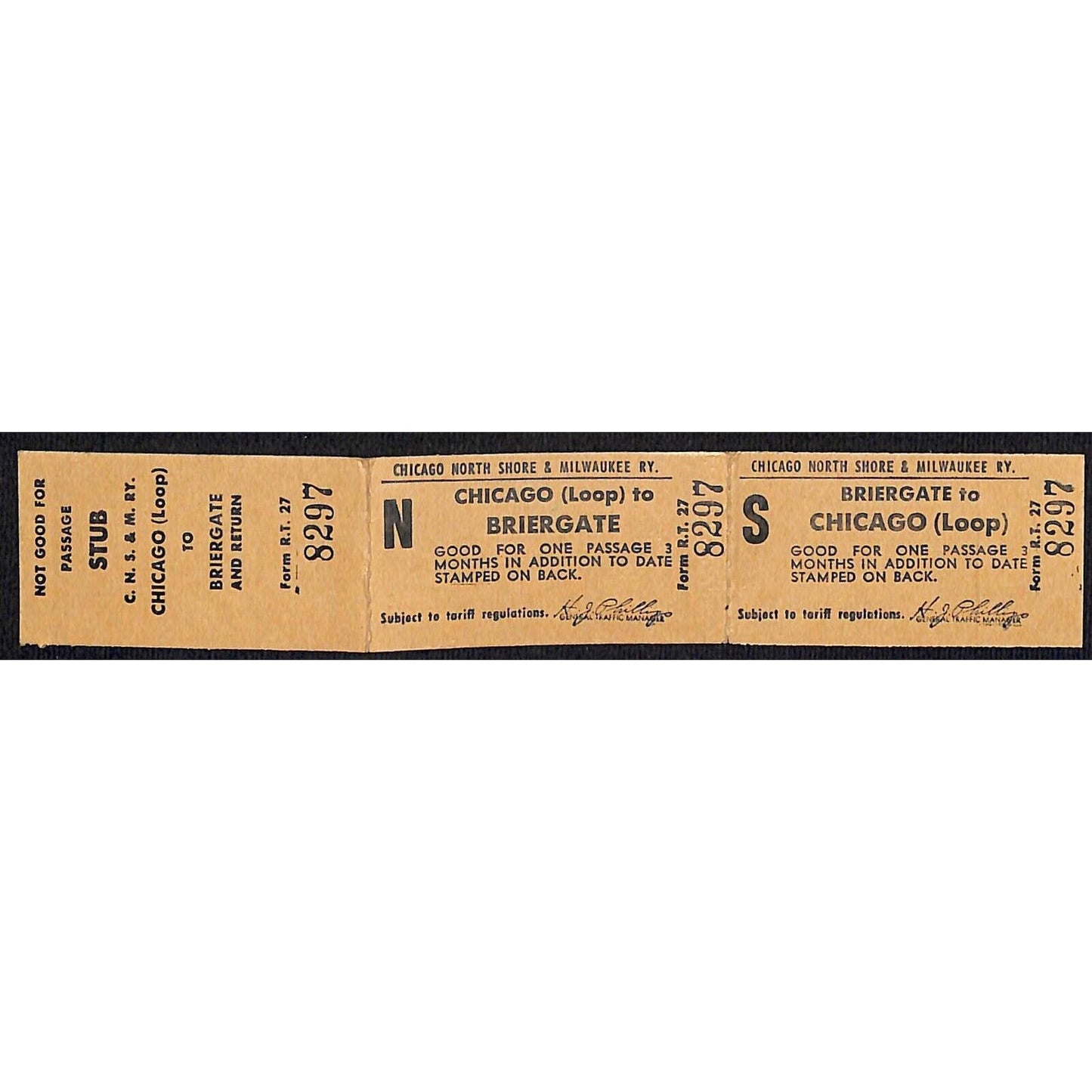 Chicago North Shore & Milwaukee RY Ticket w/ Stub c1950's Briergate #8297