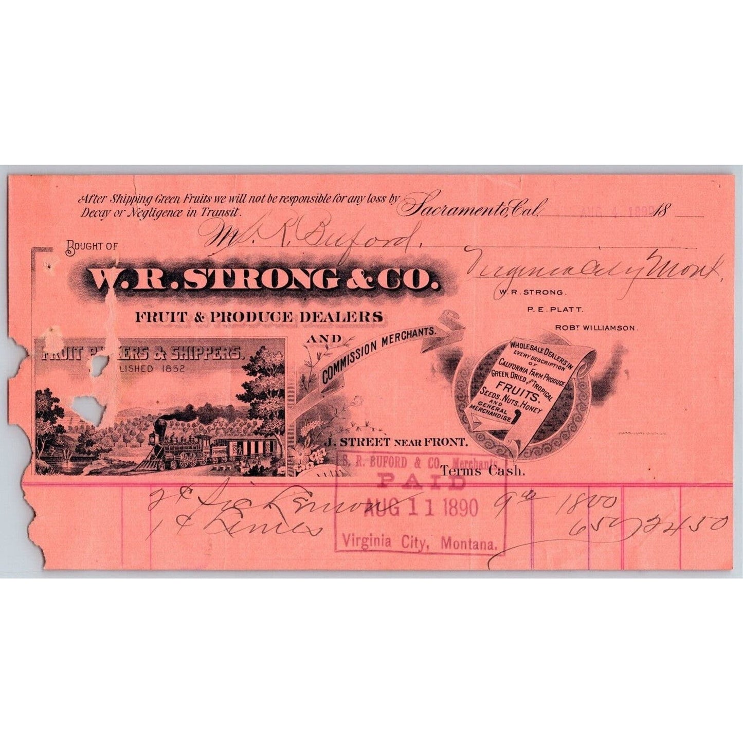 1890 W.R Strong Fruit Sacramento Letterhead - S.R. Buford Virginia City, MT