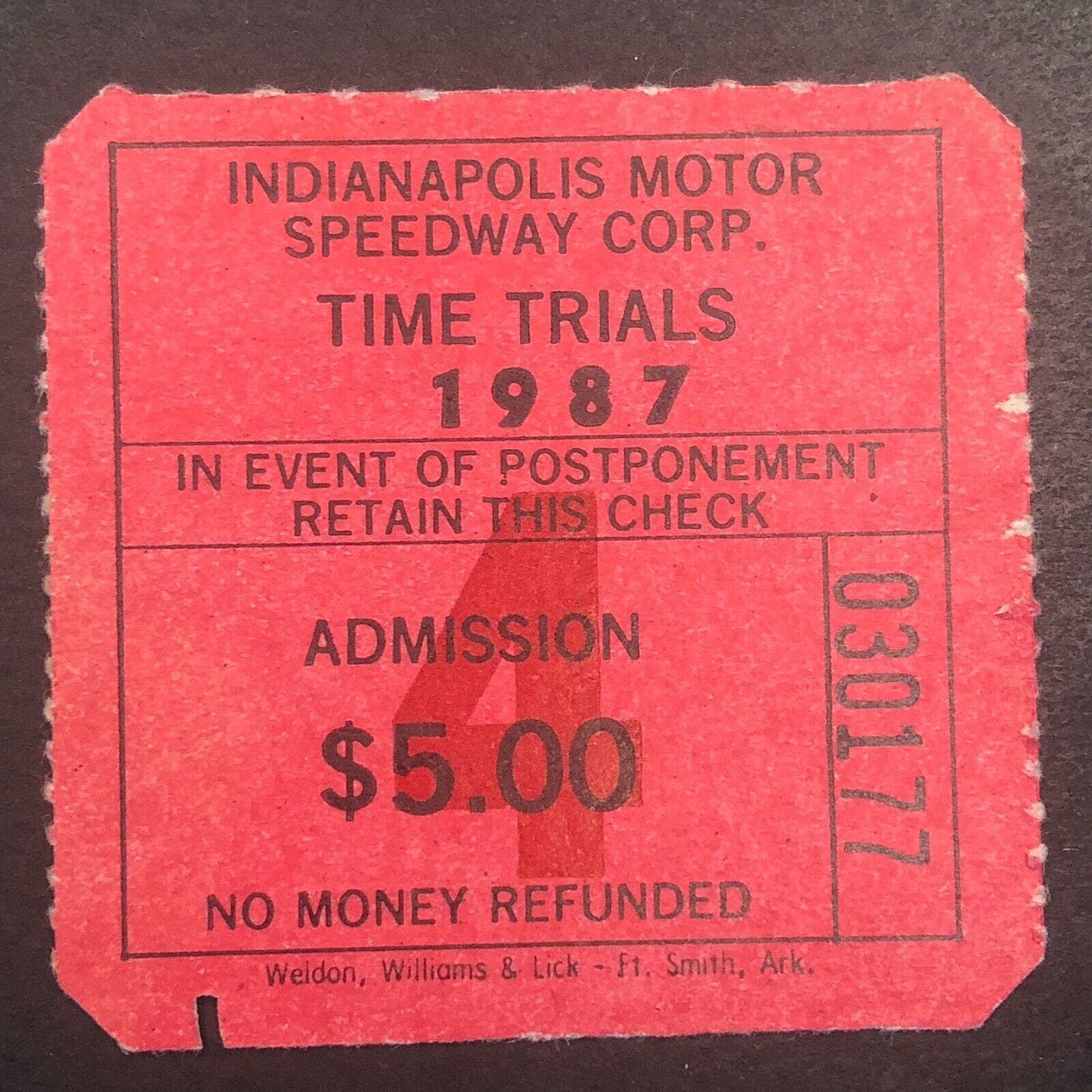 Indianapolis Motor Speedway 1987 Times Trails Rain Check Ticket Stub #30177