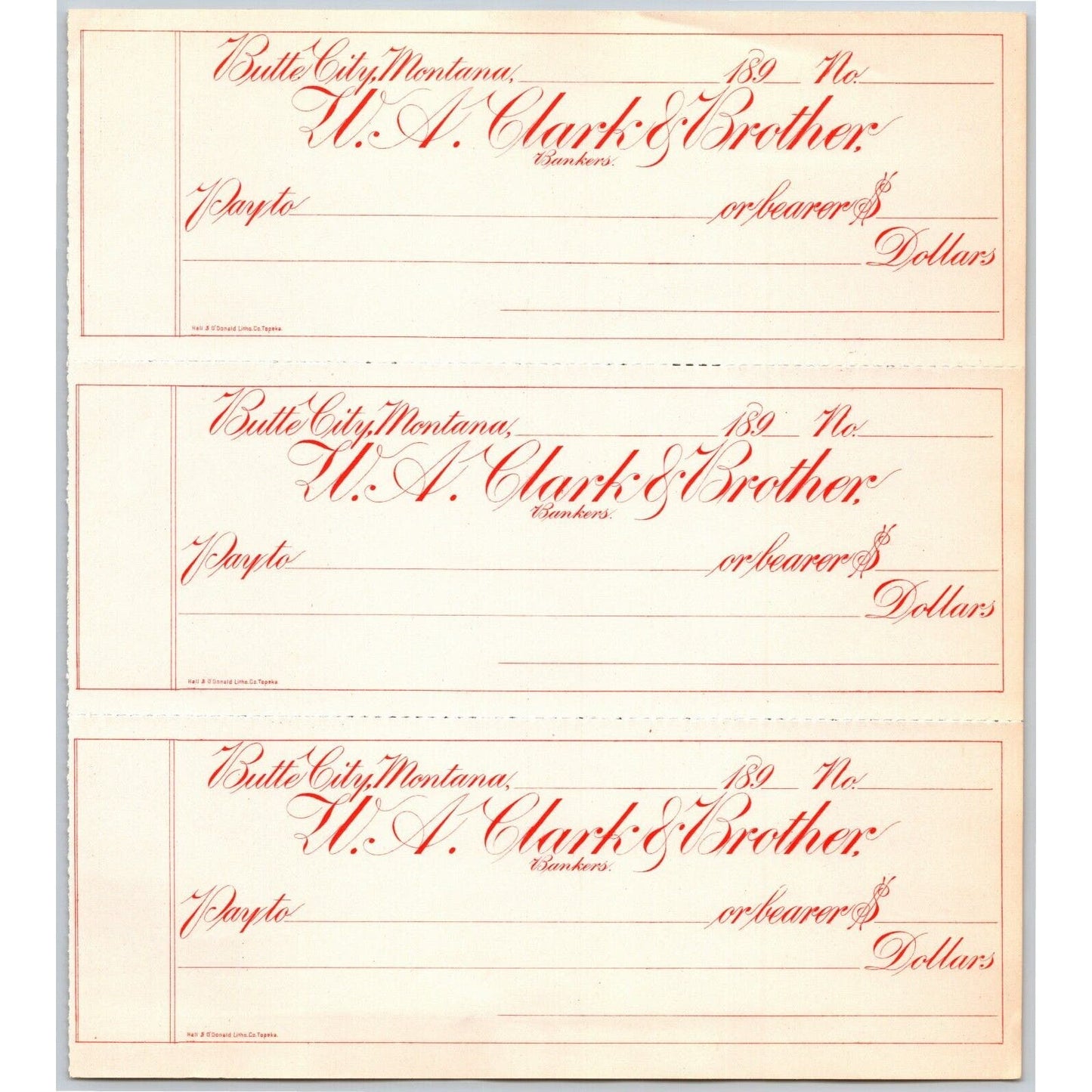 Butte City Montana W.A. Clark & Brother Bankers - Bank Check Sheet 1890