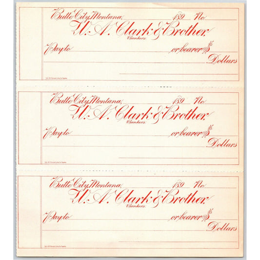 Butte City Montana W.A. Clark & Brother Bankers - Bank Check Sheet 1890