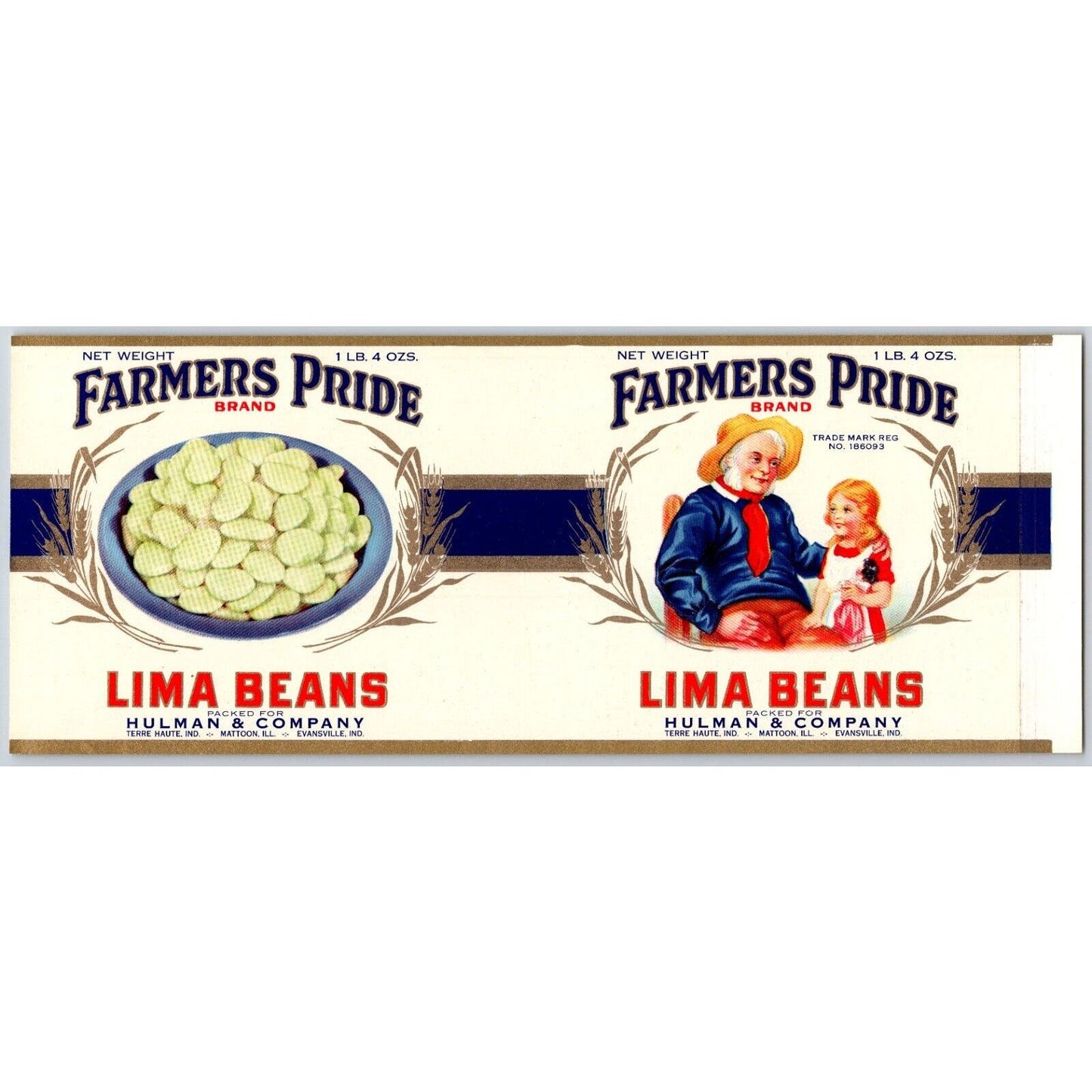 Farmers Pride Lima Beans Paper Can Label Hulman & Company c1930's-40's VGC