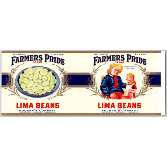 Farmers Pride Lima Beans Paper Can Label Hulman & Company c1930's-40's VGC
