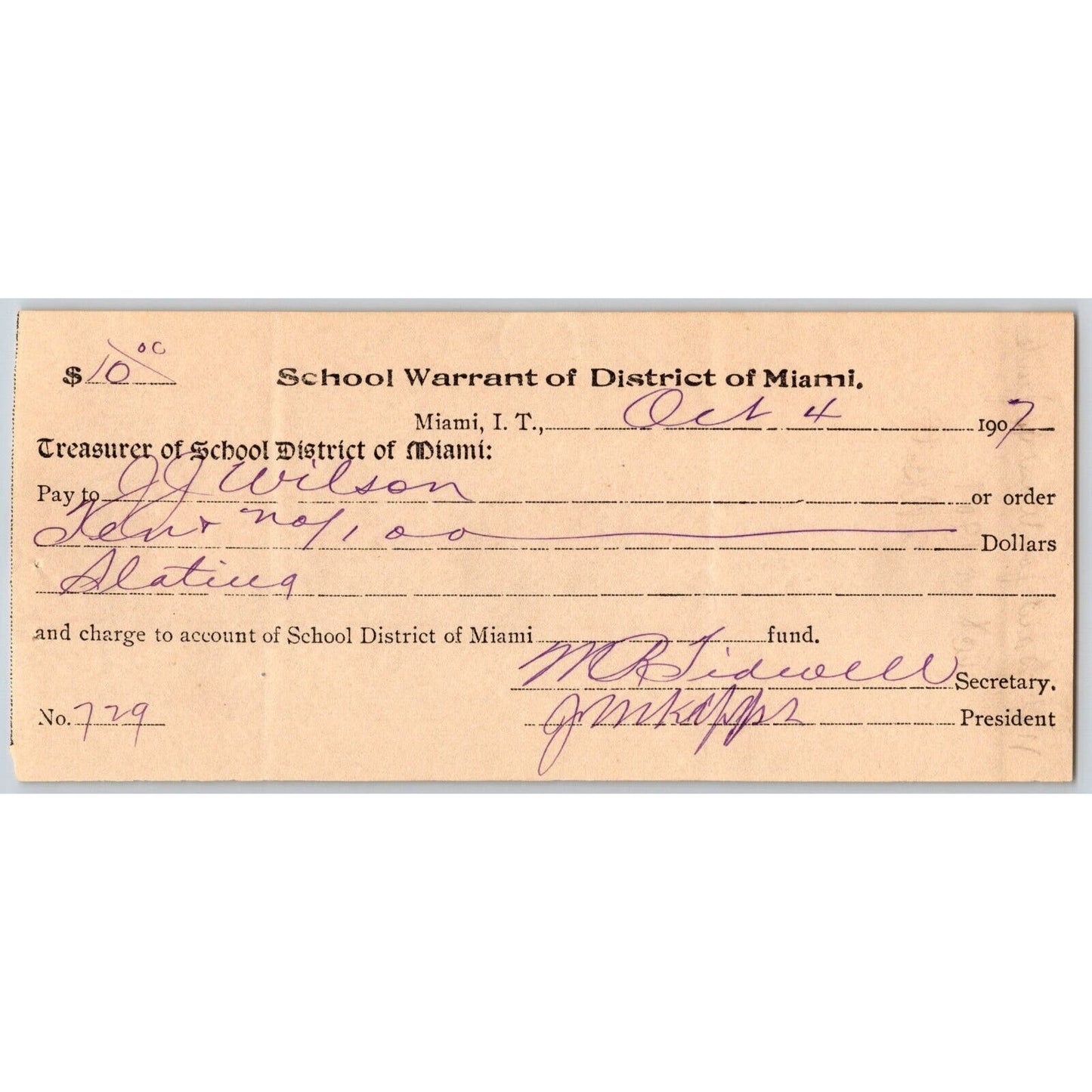 Miami, OK 1907 Indian Territory School Warrant - Scarce