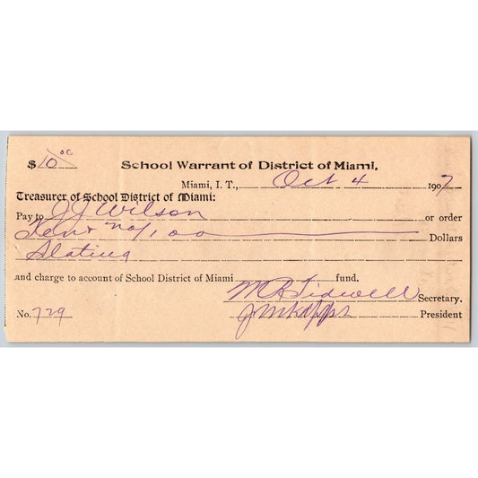 Miami, OK 1907 Indian Territory School Warrant - Scarce